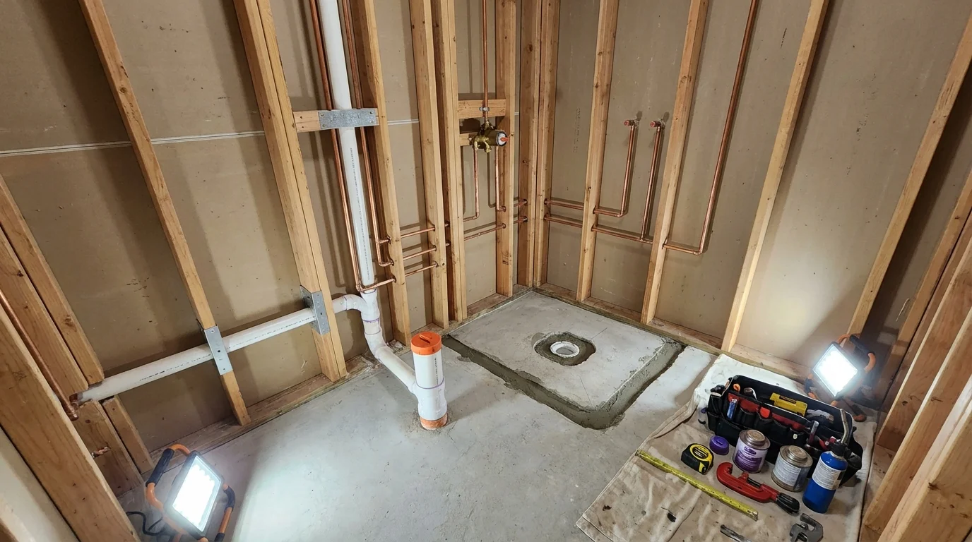 Bathroom rough-in plumbing during remodel by Johns Plumbing LLC in Nutley