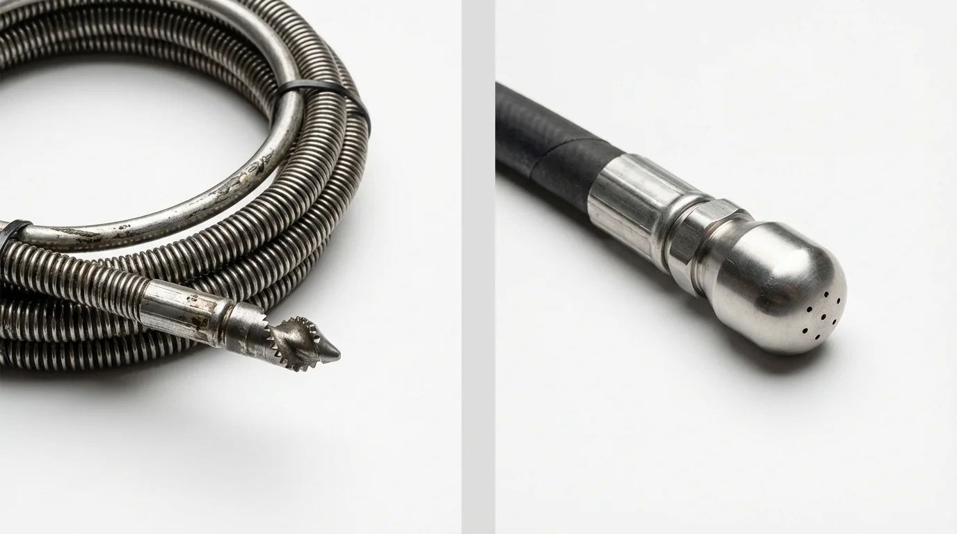 Drain snake cable and hydro jetting nozzle used for drain cleaning in Nutley, NJ