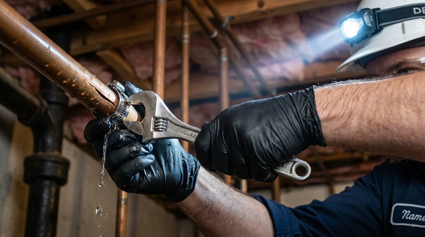 Emergency pipe clamp repair being performed by a Johns Plumbing LLC plumber in Nutley
