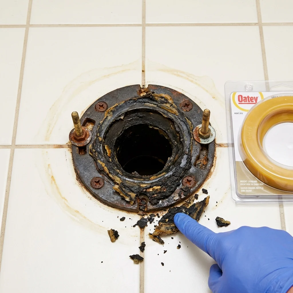Failed wax ring showing water seepage at the base of a toilet in a Nutley, NJ home